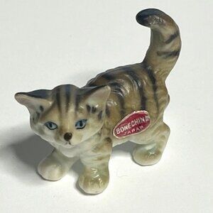 VTG Miniature Cat Kitten Brown Black Striped Bone China Figurine 1.3"x1.3"